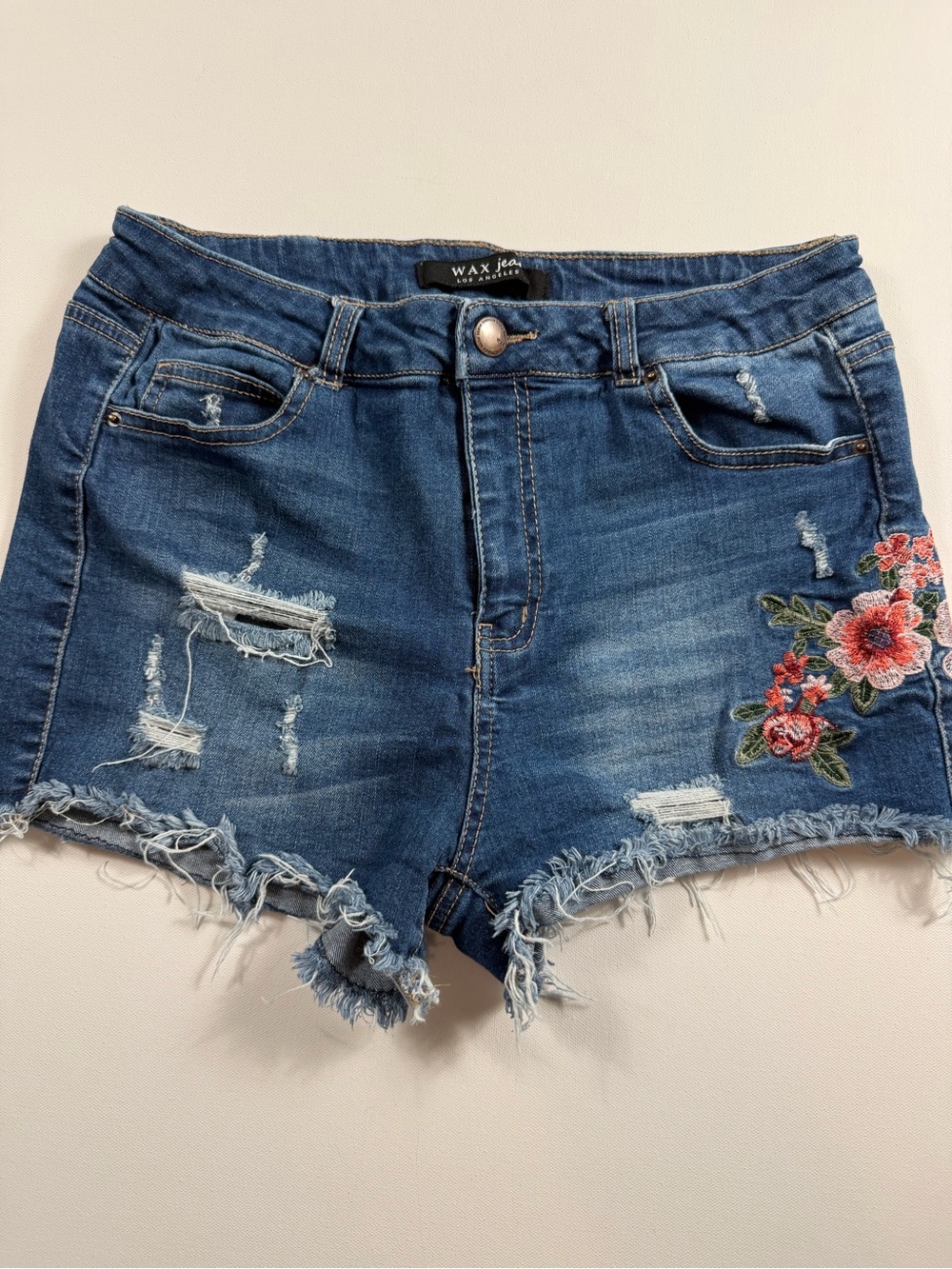 Wax Jean Floral Embroidered Distressed Denim Cutoff Shorts L Frayed Festival